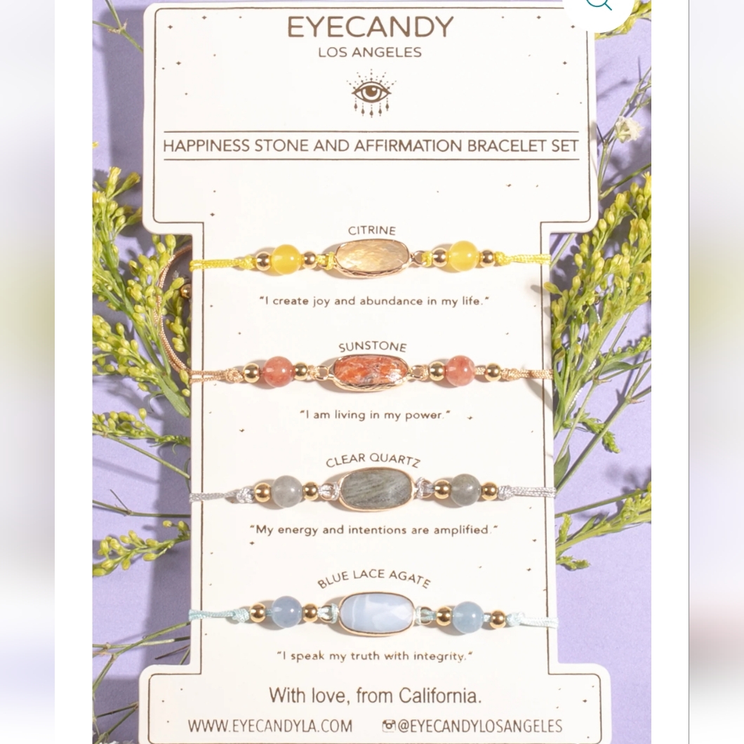 Eyecandy Happiness Stone Affirmation Bracelet Set 24k Gold Plated Brass